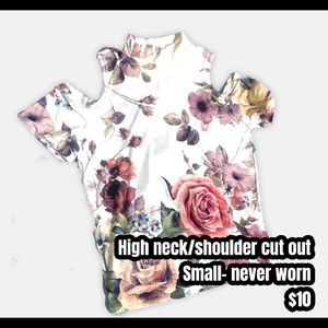 Floral/high neck/cold shoulder/short sleeve top